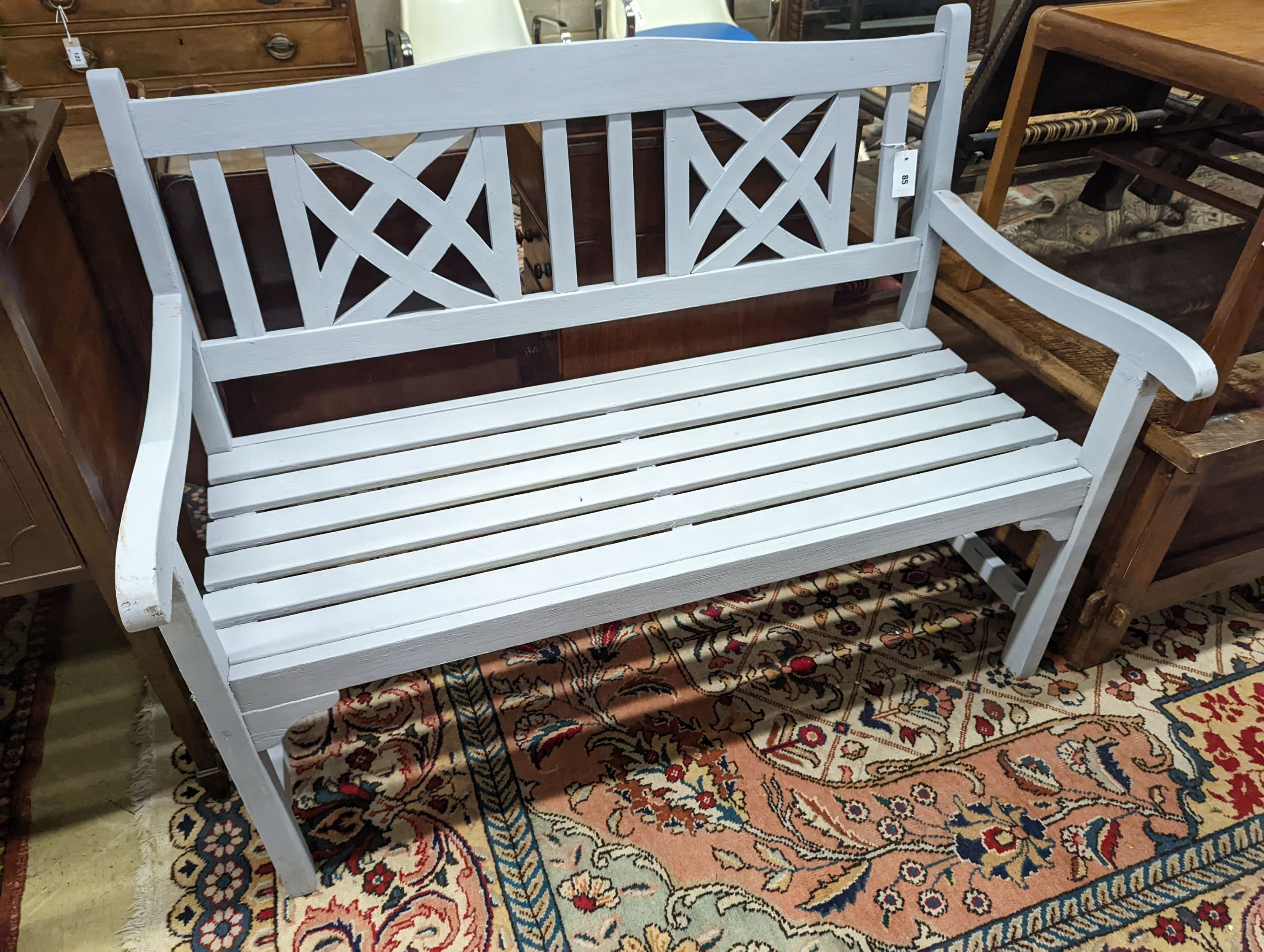 A painted teak garden bench, length 120cm, depth 54cm, height 90cm